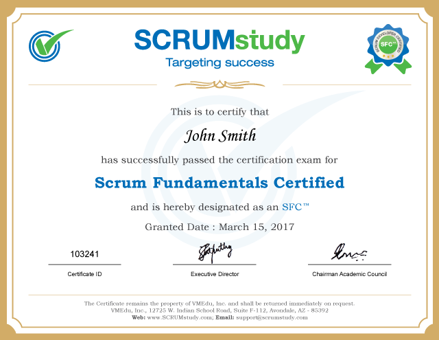 Scrum Fundamentals Certified (SFC<sup>™</sup>) Certificate